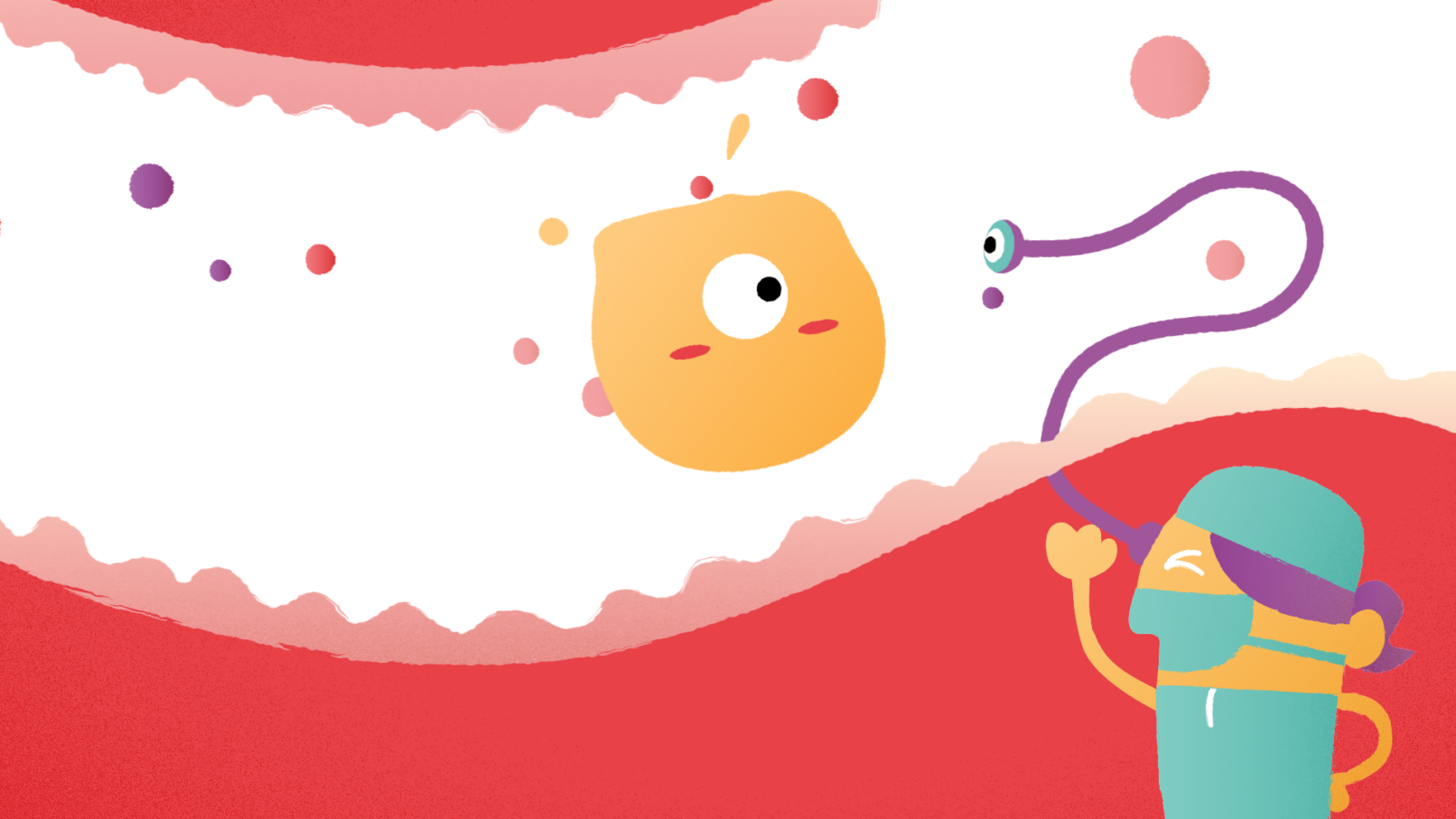 MICI character moving through the bloodstream while a doctor analyzes it