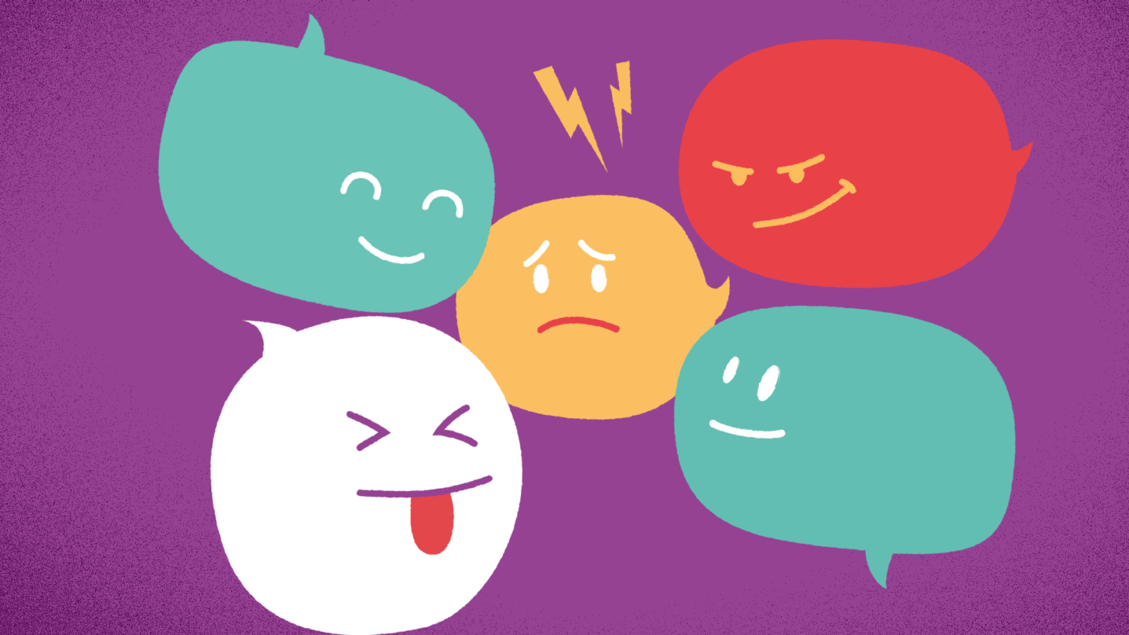 MICI, a speech bubble is bullied and surrounded by other speech bubbles