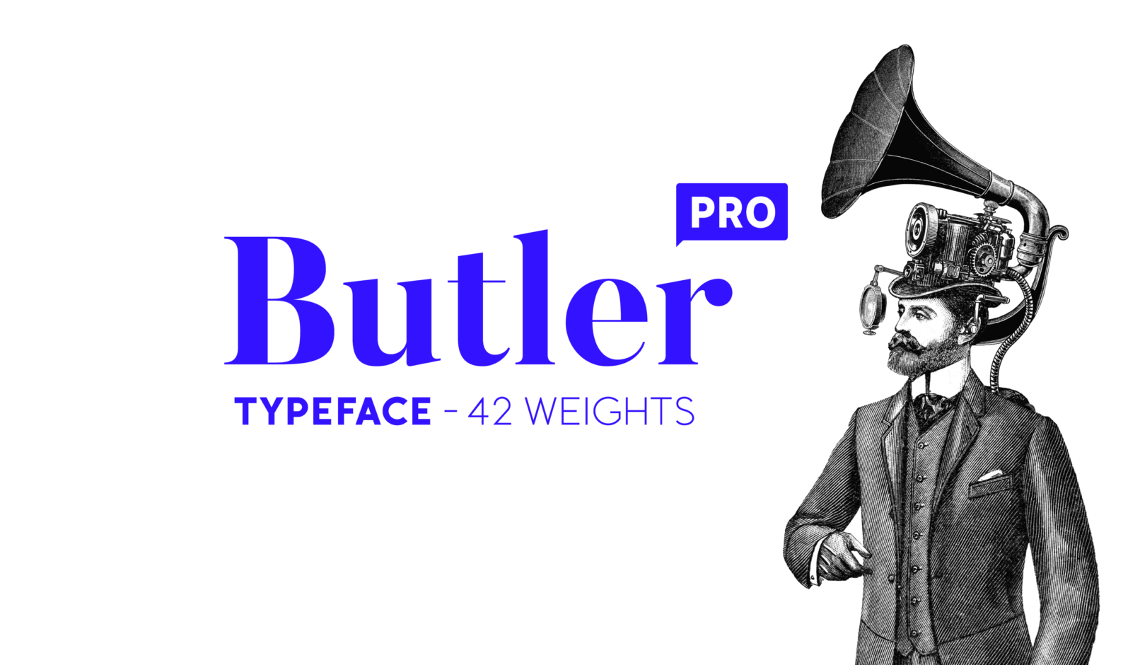 Butler Pro typeface cover with the Butler owning an advanced hat