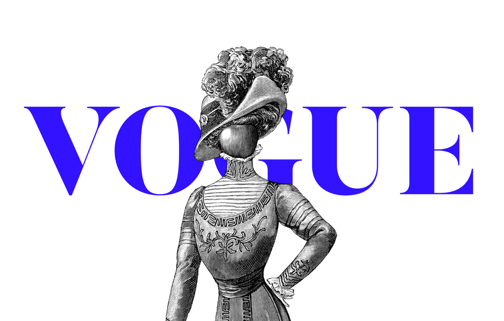 An old style Vogue magazine cover with a lady's face replaced by an apple Magritte style