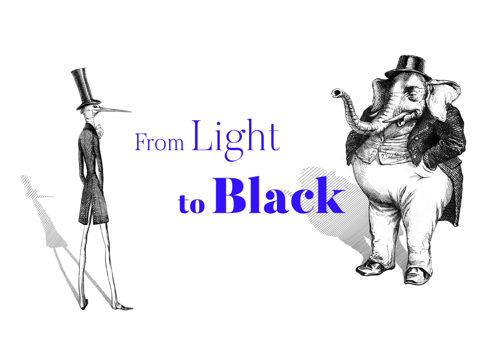 From Light to Black, two gentlemen, one as a very thin egret, the other as a thick elephant