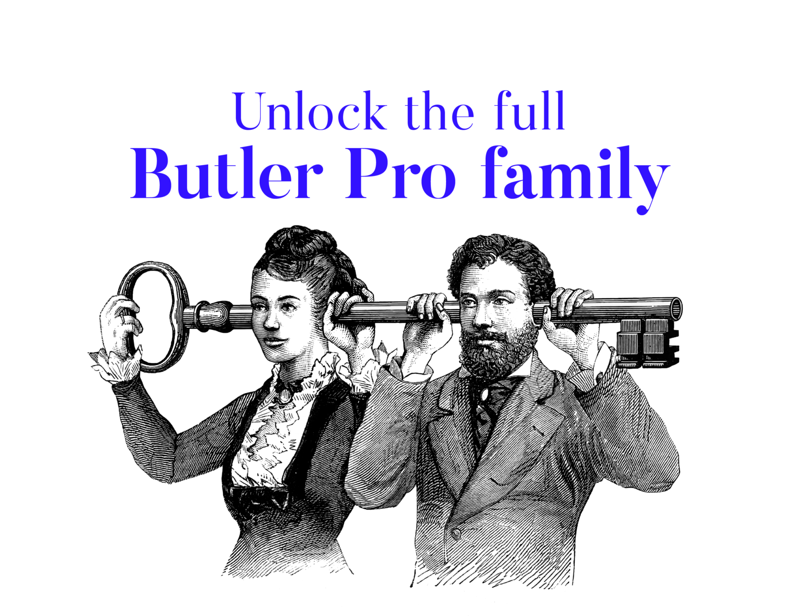 Unlock the full Butler Pro family illustration of a maid and a butler couple with a giant key